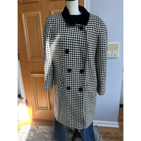 Vintage 1980s The Limited Houndstooth Wool Coat Black White Velvet Collar 12 - Picture 2 of 8